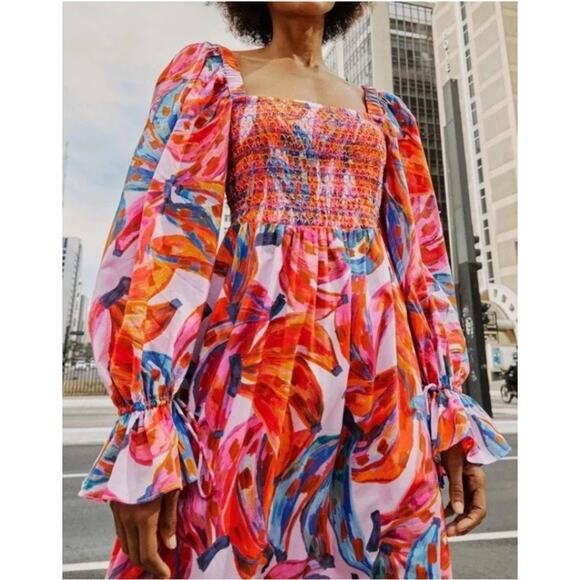 Farm Rio Dress‎ 100% Cotton Bananas Smocked Maxi Women's Size XL Multicolor NWT - Picture 3 of 16